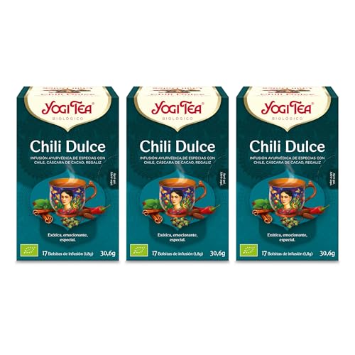Yogi Tea - Chili Dulce - Infusión Ayurvédica - Mezcla de Cáscara de Cacao, Chili y Regaliz - Pack de 3x17 bolsitas (51 en total)