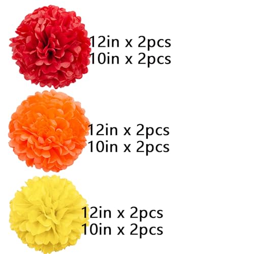 Image of We Moment Red Orange and Yellow Paper Pom Poms Decorations for Birthday Thanksgiving Party Decoration Ceiling Wall Hanging Tissue Flowers Decorations 12pcs 3 Colors of 12 Inch 10 Inch