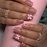 French Tip False Nails - Short Leopard Square Press On Nails Pattern - Ballerina Fake Nails With Pink Bow - Removable Acrylic Stick On Nail For Women Girls Summer Cute Nail Art - Image 1