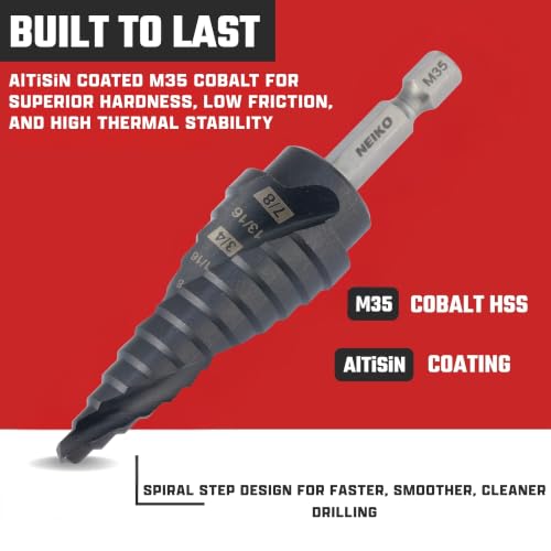 Image of NEIKO 10611B Step Drill Bit, 12 Steps 3 /16 inch to 7 /8 inch Spiral M35 Cobalt, AlTiSiN Coated, 1 /4 inch Quick Change Step Bits for Steel, Metal, Wood, Plastic, Unibit Cone Drill Bits, Two Flute
