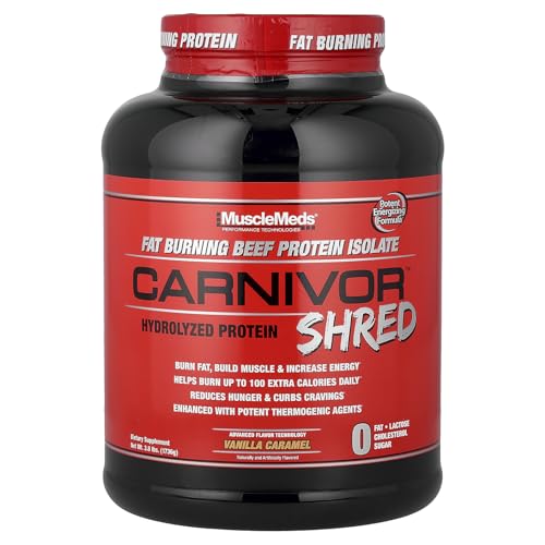 MuscleMeds Carnivor Shred Fat Burning Hydrolized Beef Protein Isolate, 0 Lactose, 0 Sugar, 0 Fat, Halal Certified, Vanilla Caramel, 4 Pound, 56 Servings