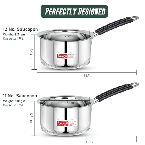 Image of Parage 2 Pieces Stainless Steel Sauce Pan, Tea Pan, Milk Pan Heavy Guage with Heat-Resistant Wire Handle Induction & Gas Stove Friendly (1.25 LTR & 1.75 LTR, Silver), 3 Liters