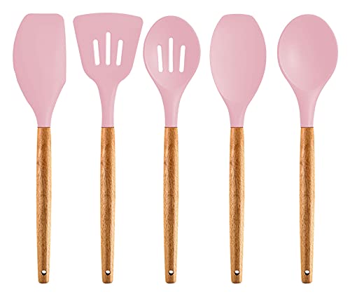Image of Non-Stick Silicone Cooking Utensils Set with Natural Acacia Hard Wood Handle, High Heat Resistant Pink Pack of 5