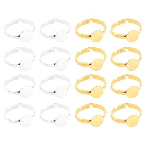 12mm Base de Anillo de Ajuste 16 Juegos de Anillos de Bisel de Acero Inoxidable con Cabujones de Vidrio Semirredondos Componente de Anillos de Dedo，2 colores