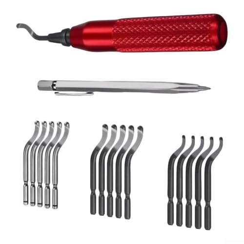 Image of M2 High-Speed Steel Deburring Kit 15 Spare Blades(17pcs) | M2 steel blades, HRC 62-64 hardness, long-lasting sharp edge, red anodized finish, precise cutting