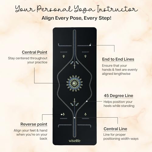 Image of WiseLife Alignment PU Rubber Professional Yoga Mat Carry Strap Extra Thick Extra Long Exercise floor mat for Gym, Workout,Fitness, Yoga and Pilates PURE PU Leather & Natural Rubber (Black 5mm)