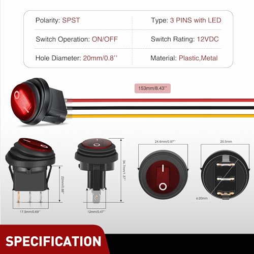 Image of Nilight 5Pcs Round Rocker Toggle Red LED Switch with Locked Terminal Wires