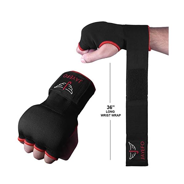 Jayefo Padded Inner Gloves for Boxing - Elastic Hand Wraps with Training Gel - Quick Boxing Wraps and Bandages for Men & Women - Wrist Wrap Protector Handwraps Kuckle Pair - L/XL - Black/Red