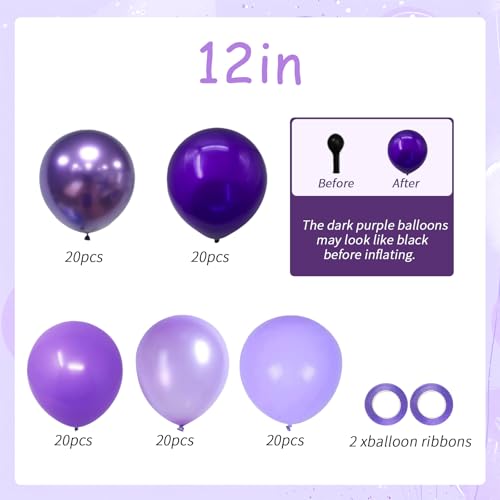 Image of 100pcs Purple Balloon Set | 12-Inch Metallic Chrome, Pearl, Lavender Lilac & Light Purple Balloons for Birthdays, Weddings, Baby Bridal Showers & Princess Parties