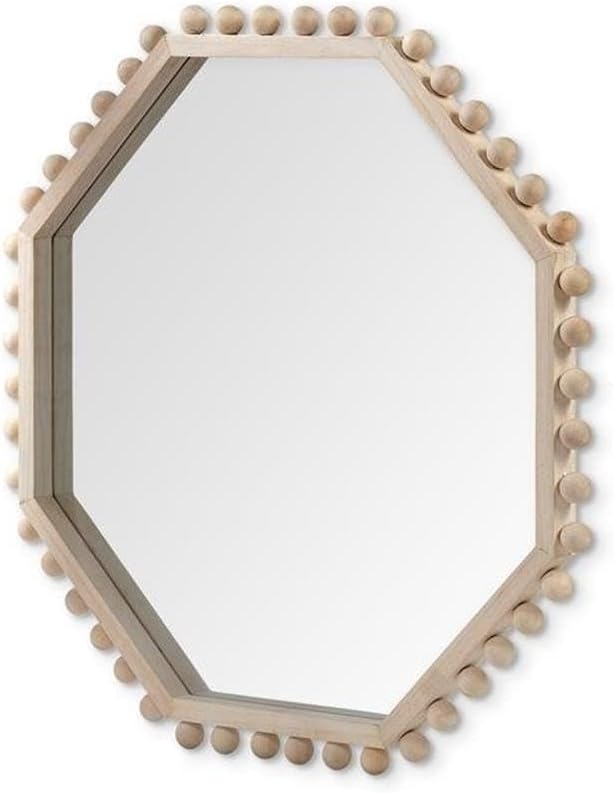 Pemberly Row 32" Octagon Wood Wall Mirror, Light Brown Finish, Solid Wood Frame with Bead Accents, Geometric Decorative Mirror for Tropical or Coastal Interiors