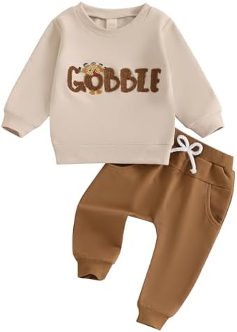 Socutebabe Toddler Baby Thanksgiving Outfit Girl Boy Turkey Long Sleeve Sweatshirt Waffle Pants Cute Fall Thanksgiving Clothes (fgd-Khaki, 0-6 Months)