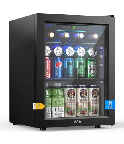 WIE Nevera Pequeña, Mini Nevera 48L, 68 Latas Frigorificos Pequeños con Puerta de Cristal, Temperatura Regulable, Iluminación LED, Silencioso, Ideal para Hogar, Oficina, Bar