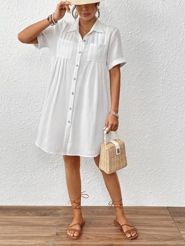 Bsubseach Swimsuit Cover Up for Women Short Sleeve Button Down Blouse Bathing Suit Cover Ups Cotton Beach Shirt Dress4