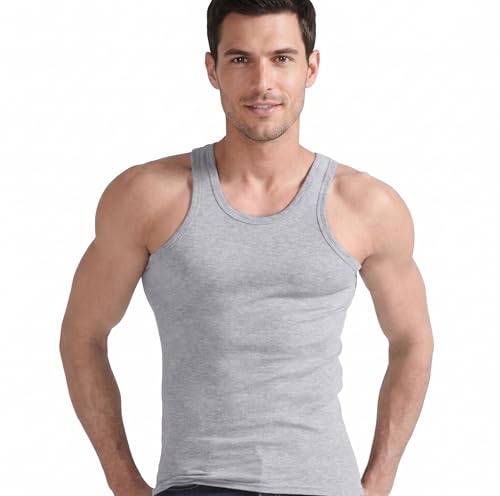 Image of CHAAL® 1 Mens Cotton Vests Tank Tops Sleeveless Plain Slim Fit Summer Top Vests Everyday Athletic wear Easy Fit Men Workout Shirts Grey, XL