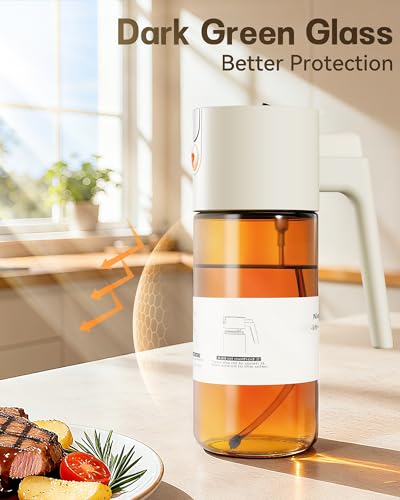 OURCABECUE Upgrade 2 in 1 Oil Sprayer for Cooking, 17oz Light-Blocking Glass Olive Oil Dispenser Bottle for Kitchen,Food-Grade Oil Mister with 8 Stickers for Salad, Frying (Brown Bottle-White Cap) — view 2