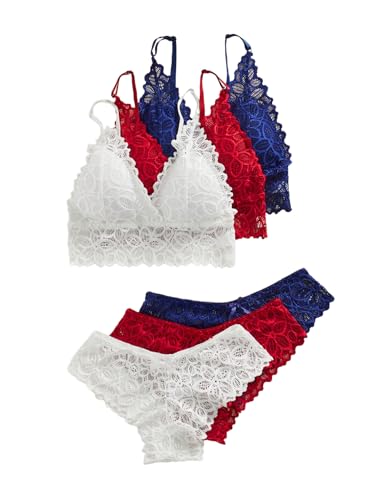 Image of Verdusa Women's Lingerie Sets 6 Piece Lace Bow Floral Underwear Bras Wireless Padded Bra and Panty Set