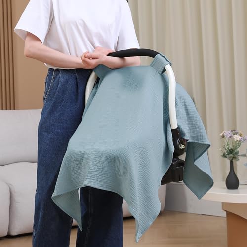 Image of 100% Muslin Cotton Car Seat Cover Baby, Carseat Canopy Cover, Universal Fit Stroller Covers for Boys and Girls (Blue)