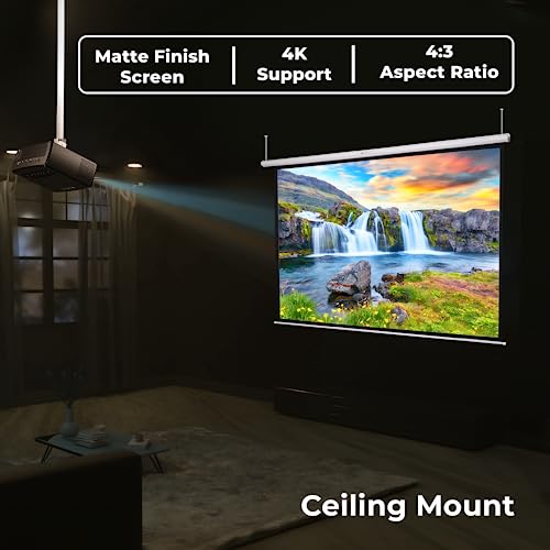 Image of ZEBRONICS PSM84A Motorised Projector Screen, 84 inches, Roll Mechanism, Supports 4K, Matte Finish, 4:3 Aspect Ratio, High Gain Fabric, Control Pod, Remote Control, Wall & Ceiling Mountable