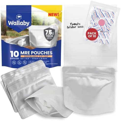 Wallaby MRE Mylar Bag Bundle – 10x (7.5 Mil – 6.5″ x 8.5’’) Stand-Up Zipper Pouches, 10x 400cc Oxygen Absorbers – Heat Sealable & Withstand Boiling Water – Long-Term Food Storage Solutions – Silver
