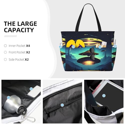 Spacecraft descend Large capacity beach bag with zipper, perfect for grocery bag pool gym travel shopping foldable beach travel bag,3