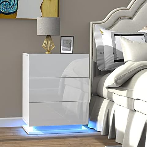 Lvhcmfohm Nachttisch Weiß mit Led, Nachtschrank mit Schubladen und 16 Farben Beleuchtung, Geeignet für Schlafzimmer Wohnzimmer (50x35x68cm) Cover