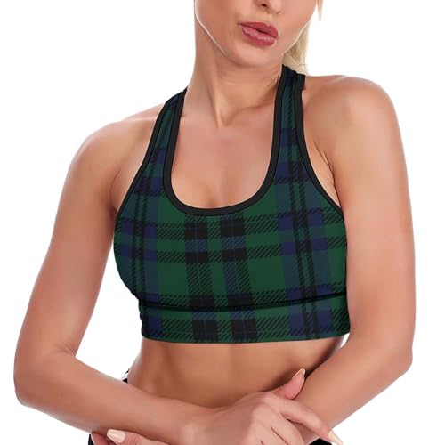 Women Girls Comfy Racerback Yoga Vest Elastic Green Scottish Tartan Check Plaid Athletic Tops with Pads Control Shapewear Activewear for Workout Training