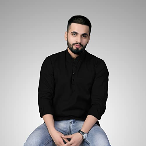 Image of Men's Cotton Regular Short Kurta | Casual & Ethnic Wear with Long Sleeve
