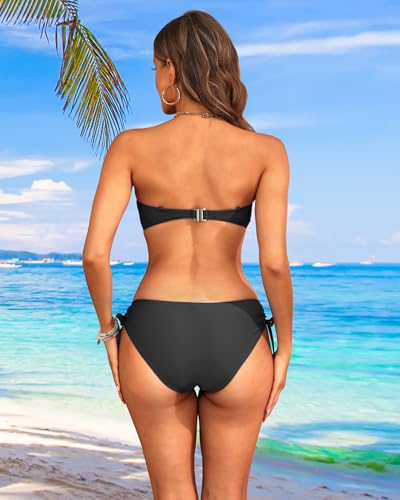 Women's Black Strapless Bandeau Bikini Set - Twist Front Two Piece Swimsuit Top with Side Tie Bathing Suit Bottom M