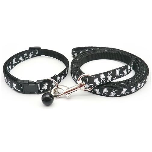Small Dog Puppy Pet Collar and Lead Set White Bone Design Nylon Adjustable Size 19-32cm Collar with Bell and 120cm Leash Black - Image 2