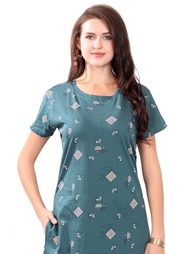 Image of Printed Knee Length Pocket Night Dresses for Women | Cat Lovers | Premium Soft Cotton Nighty | Sky Blue