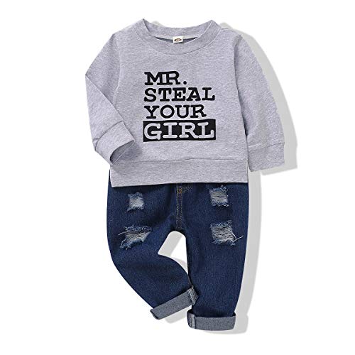 Mikrdoo Toddler Baby Boys Pants Set Cotton Long Sleeve Letter Print Shirt with Ripped Jeans Autumn Outfit 3T Boys Clothes