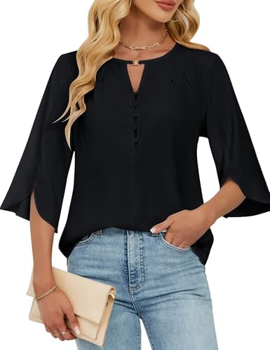 Blooming Jelly Womens Dressy Casual Blouses Keyhole Business Work Tops 3/4 Ruffle Sleeve Pleated Summer Shirts 2025