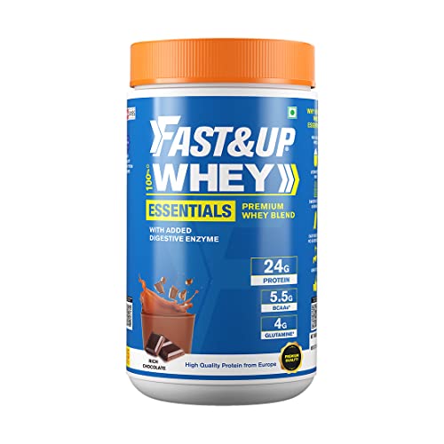 Image of FAST&UP Essentials Whey Protein Isolate Blend (Rich Chocolate Flavour), 15 Servings, 24g Protein, 5.5g BCAA, 4g Glutamine (1.06 Lbs, 480 Gms)