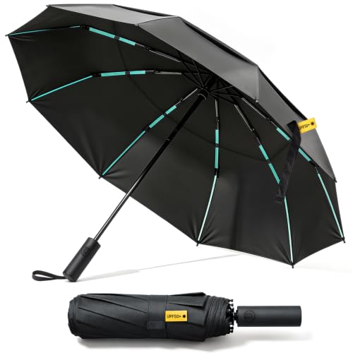 Zukdure Windproof Umbrella 10-Rib Strong Umbrella Upgraded Reinforced Fibreglass Frame Double-Layer Ventilated Anti-Flip Canopy Quick-Dry Water-Repellent Fabric Travel Business Black