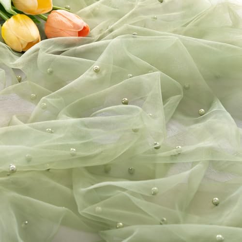 Image of MLMC Sage Green Pearl Table Runner Boho Rustic Tulle Table Runner with Pearls 10ft 29 inchx120 inch Cheesecloth Table Decor for Wedding Bridal Shower Anniversary Home Decoration