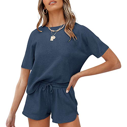 OCCIENTEC Ensemble de Pyjama Femme en Coton d'été Pyjama Femme à Col Rond T-Shirt à Manches Courtes et Shorts Loungewear avec Poches(Bleu Marin, M) Cover