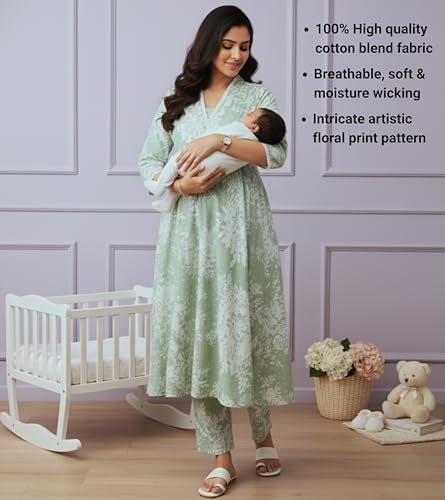 Image of DUMMY SHAPE Maternity Dresses for Women Cotton | Floral Kurta Pant Dupatta Set with Nursing Zippers, Side Pocket | Pre & Post Pregnancy | Feeding Kurti Suit | Baby Shower | Gifts for Pregnant Woman