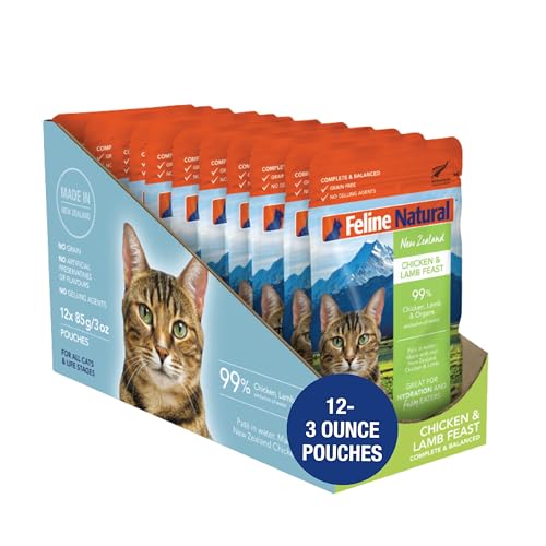 Feline Natural Wet Cat Food Pouch - Chicken & Lamb Feast, Grain-Free, Cage-Free & Grass-Fed, New Zealand Made, Single Serve Pate, 3oz, 12 Pack
