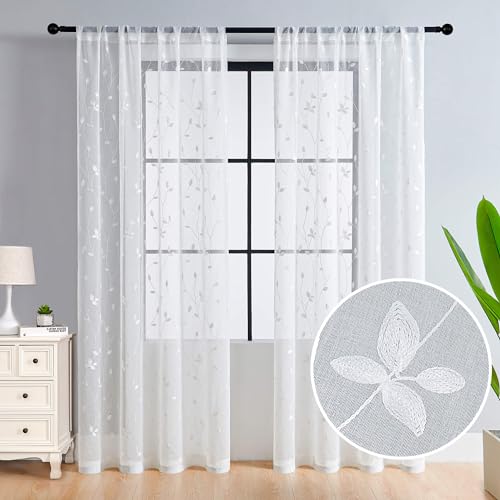 WUBODTI White Embroidered Leaf Sheer Curtains for Living Room 96 Inches Long 2 Panel Sets, Rod Pocket Light Filtering Window Curtains Faux Linen Floral Patterned Curtains for Bedroom Dining Room by WUBODTI - Image 7