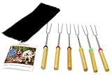 Marshmallow Roasting Sticks 6 Pcs with Guide Book and Zippered Carry Case - Wood Handles Telescoping Stainless Steel Campfire Smores Skewers Corn Hot Dog Barbecue Fire Pit Forks