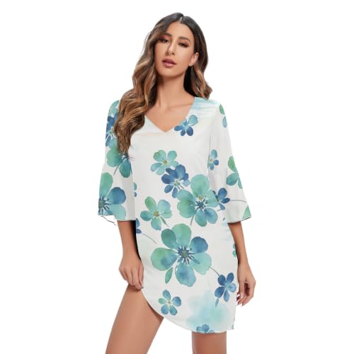 Robe courte en mousseline de soie imprimé floral bleu col V chic femme
