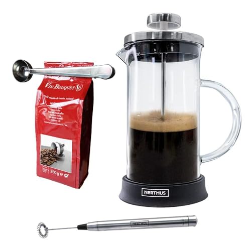 NERTHUS SET FIH 1128 Caffettiera francese in vetro 600ml. + Pinze e cucchiaio + Miscelatore per latte