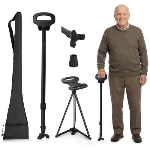 Canne de Marche avec Siège Réglable 87-98 cm, Canne Pliante Légère avec Sac de Transport, Béquille Tabouret Portable pour Personnes Âgées, Siège de...
