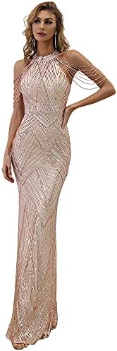 Miss ord Women's Formal Halter Sequin Tassel Bodycon Maxi Prom Dress, Elegant Mermaid Evening Gown Gold