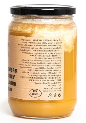900g Reiner, Roher Wildblumen Honig 100% natürlich – ungefiltert, unerhitzt, nicht pasteurisiert, direkt aus dem Bienenstock - Raw Farm