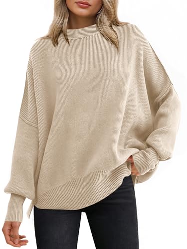 ANRABESS Women Oversized Sweaters Batwing Long Sleeve 2025 Fall Outfits Crewneck Casual Knit Side Slit Fashion Pullover Top Apricot Small