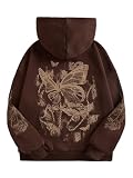 SOLY HUX Women's Graphic Hoodies Butterfly Print Long Sleeve Drawstring Pocket Sweatshirt Pullover Tops Brown Graphic Print X-Large