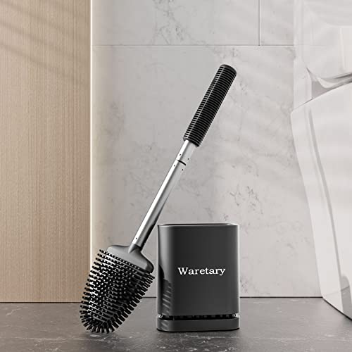 Waretary Toilet Brush And Holder Set, Under-Rim Brush Head With Silicone Bristles, Ventilated Quick-Drying Wall-Mounted/Free Standing Base, For Bathroom, Black #TOP7