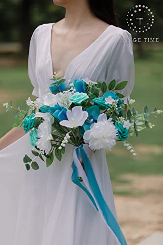 Tinge Time 15 Inch Teal Green Artificial Wedding Bouquets For Bride, Cascading Bouquet Wedding Bride Holding Flowers For Wedding Ceremony Anniversary, Bridal Shower And Party #TOP3