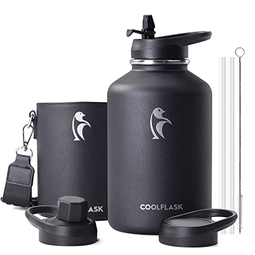 Coolflask 64 oz Water Bottle Insulated with PU Leather Sleeve, Half Gallon Water Bottle Color Contrast with Straw Lids, Stainless Steel Metal Large Jug, Keep Cold 48h Hot 24h